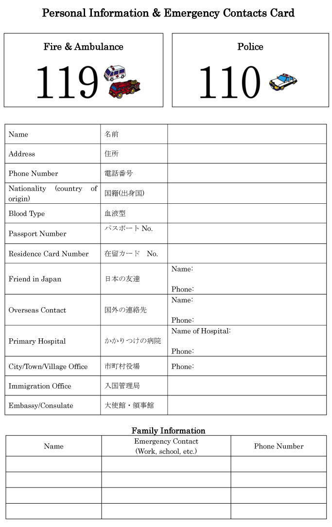 Personal Information & Emergency Contacts Card